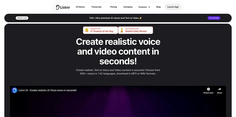 Listnr הוא מחולל קול בינה מלאכותית - צילום מסך של דף הבית
