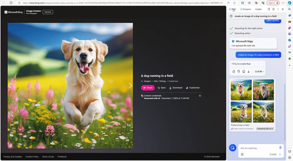 יצירת תמונות עם Bing AI Chat בדפדפן Microsoft Edge.