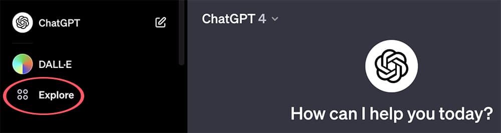 Chat GPT -  כפתור "Explore" בפינה השמאלית העליונה של המסך.