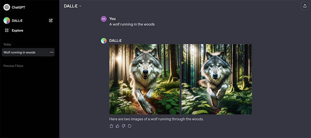 DALL-E 3 ב-ChatGPT מייצר שתי תמונות של זאב רץ ביער