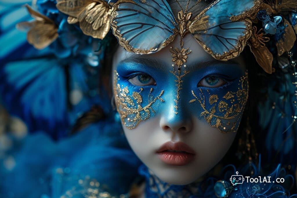 Midjourney V6 - תמונה של אישה עם קישוטים ועיטורים כחולים על הפנים