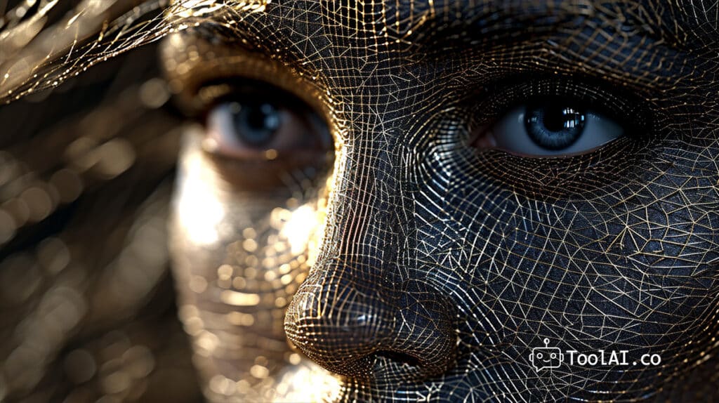 Midjourney V6 - תמונה של פנים של אשה בציפוי זהב