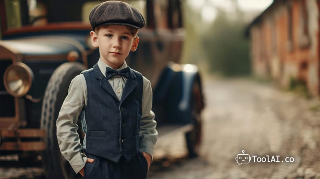 Midjourney V6 - תמונה של ילד קטן בסגנון רטרו 1950, לבוש חליפת שלושה חלקים