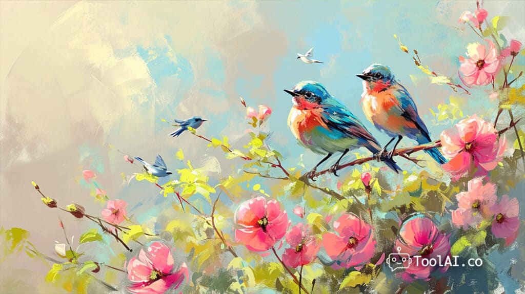 toolai.co Midjourney v6 ציור בסגנון אמנות אימפרסיוניסטי, ציפורים ופרחים, צבע פסטל