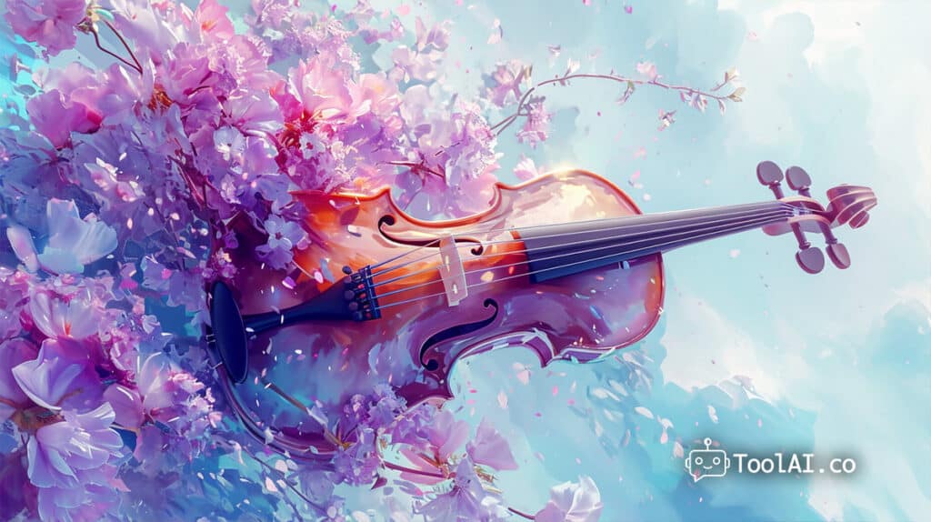 toolai.co Midjourney v6 כינור עץ עם פרחים ברקע
