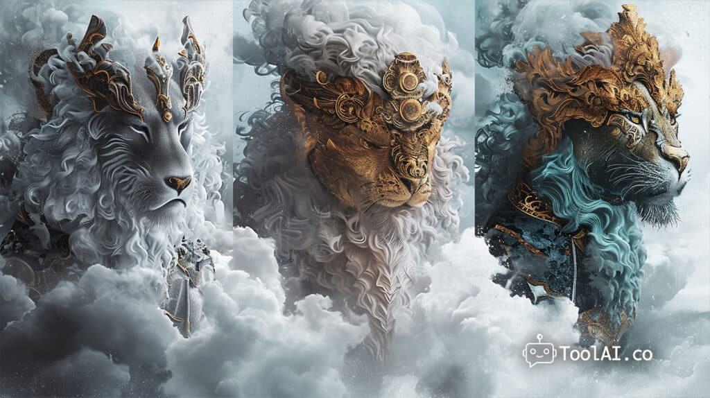 toolai.co Midjourney v6 ציור של שלושה אריות בעננים