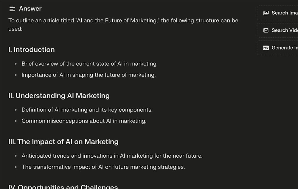 צילום מסך של Perplexity AI עונה על שאלה על AI ועתיד השיווק