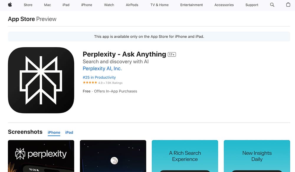 צילום מסך של דף אפליקציות Perplexity AI בחנות Apple App Store