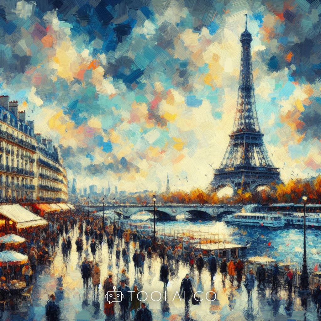 Bing Image Creator - ציור דיגיטלי בסגנון אימפרסיוניזם של עיר פריז עם מגדל אייפל ברקע, לוכד את התוסס והמצב הרוח של העיר של האנשים עם משיכות מכחול דיגיטליות רופפות.