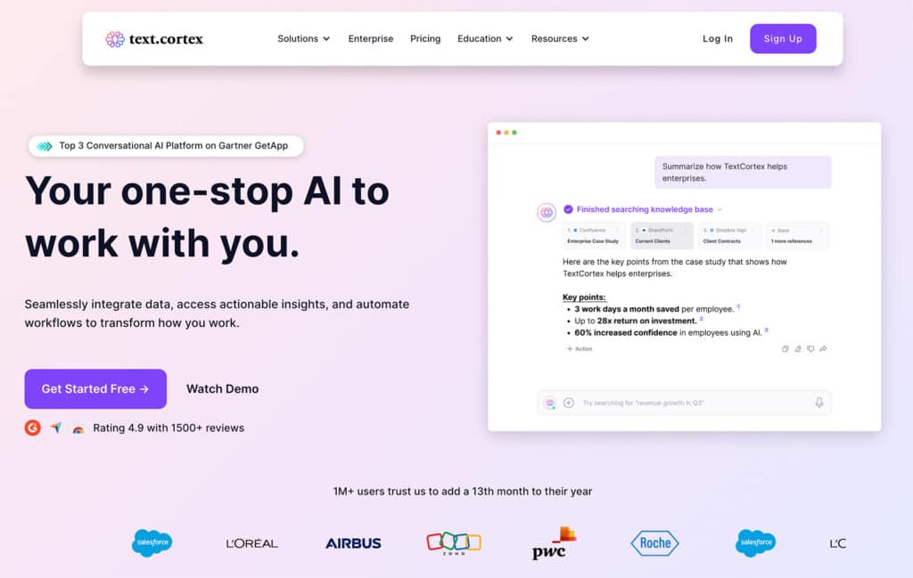 תצוגה של אתר TextCortex ai assistant for productivity